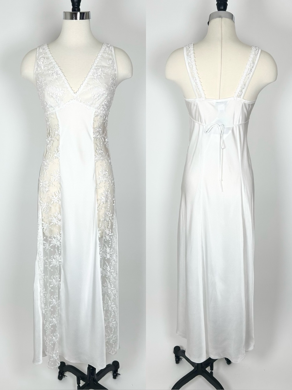Vintage Flora Nikrooz Bridal Maxi Night Gown Small White Floral Mesh Satin Sheer